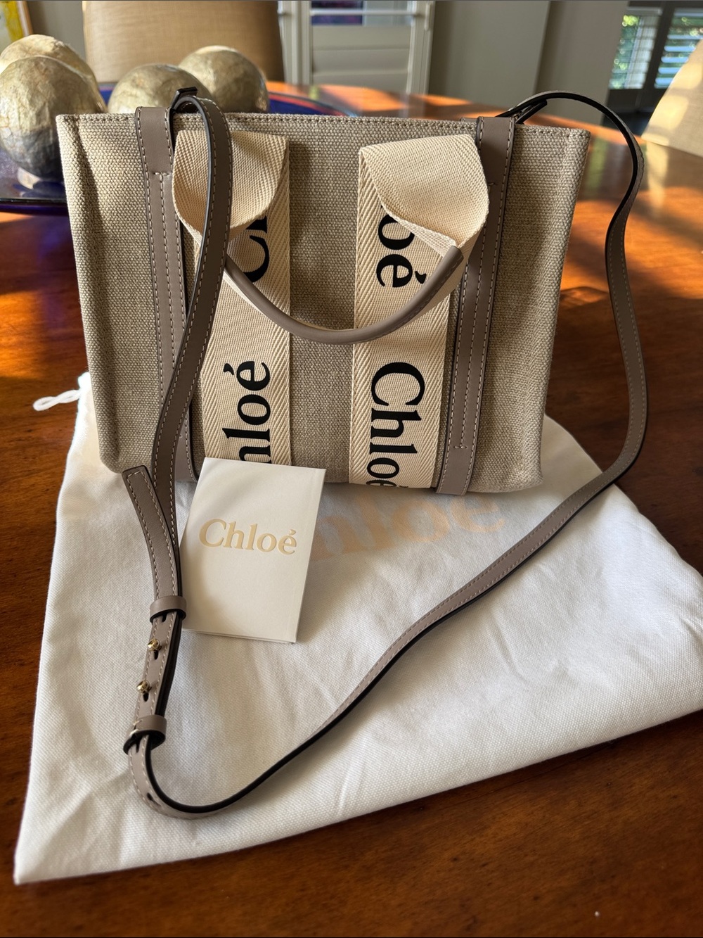 Chloé Beige Canvas Tote with Logo Webbing and Taupe Leather Trim